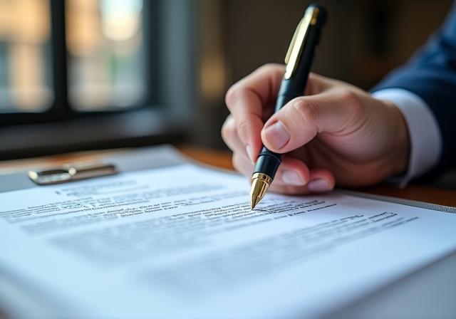 Close up of a professional signing a legal document in a modern London office